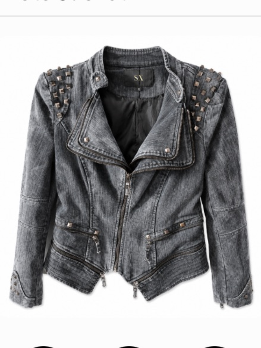 Vintage SX Women's Studded Denim Moto Jacket Grey Black Biker Rocker Y2K-size XL